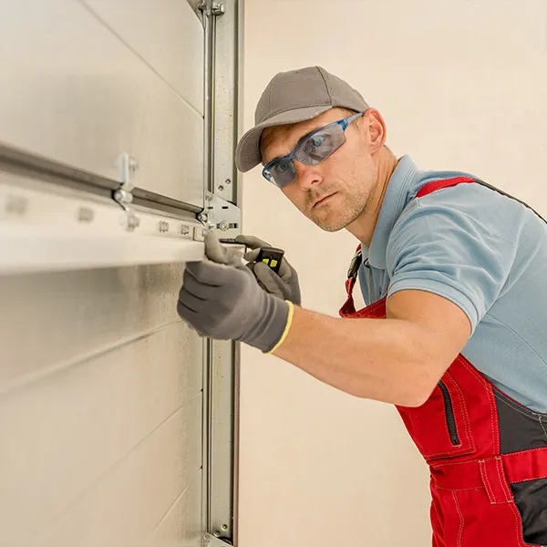 A Plus Garage Doors technician repairing a garage door track